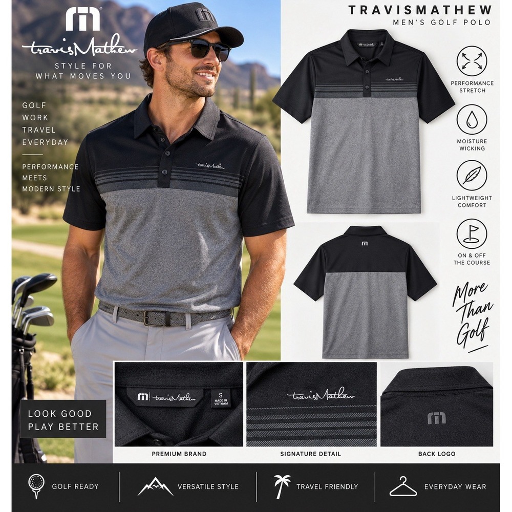 TravisMathew Men's S Golf Polo Black Gray Colorblock Performance Shirt Stretch
